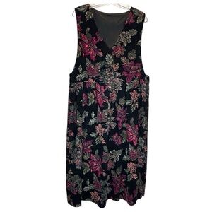 VTG Dark Floral Cotton Pinwale Corduroy Jumper, V-Neck, Midi Length, 90s - Large